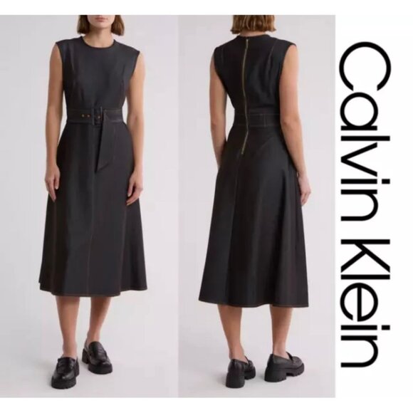 Calvin Klein Dresses & Skirts - Calvin Klein Soft Jean A-Line Dress Exposed Back Zipper Attached Belt Size 16